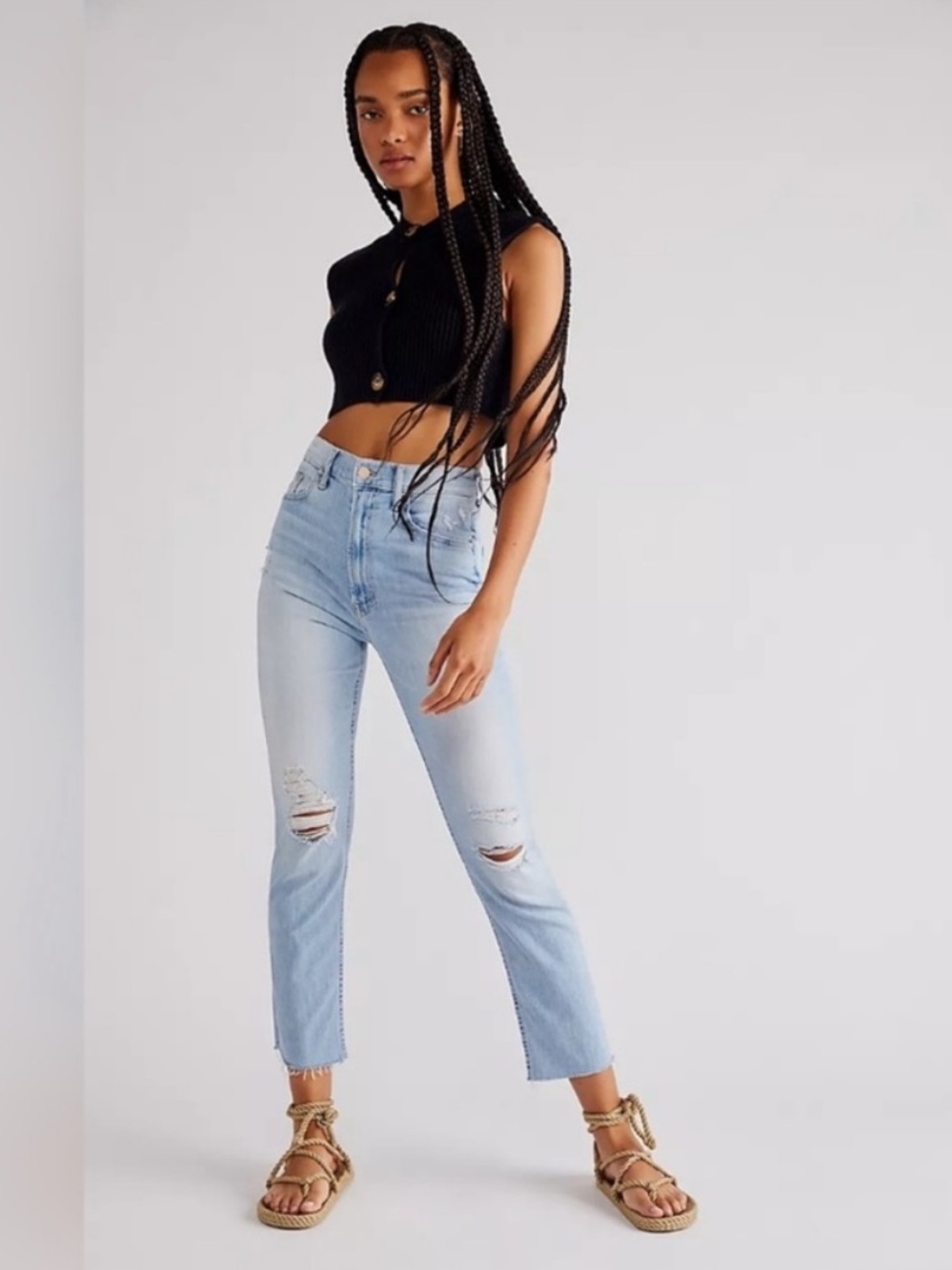 Mother High-Waisted Rider Ankle Fray Distressed in Island Afterhours Jeans